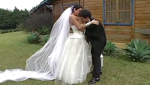 Horny hot shemale bride fucks her new husband outdoors